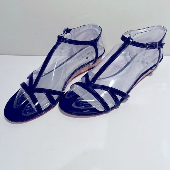 Kate Spade 1” leather wedge heels navy blue - Picture 3 of 12